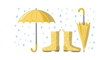 Umbrellas, shoes, rubber boots. Yellow. Bright umbrella and raindrops. Open umbrella, closed umbrella. Rain season. Rainy weather, drop of water. Flat style, isolated background. vector