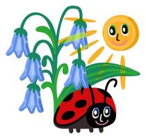 Ladybird under lily of the valley warmed by sun. Cute childish illustration vector