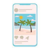 Social media profile page on mobile phone. Social media page with picture from vacation on smartphone. Travelling concept. Illustration in flat design style vector