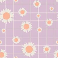 Y2K aesthetics, Groovy Daisy Flowers Seamless Pattern in swatches. Floral Background in 1970s Hippie Retro Style for Print on Textile, Wrapping Paper, Web Design and Social Media. vector