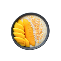 Breakfast smoothie bowl with a thick blend of frozen mango pineapple and coconut milk topped png