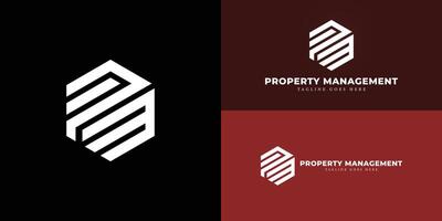 Abstract initial hexagon letter PM or MP logo in white color isolated on multiple background colors. The logo is suitable for property management company logo design inspiration templates. vector