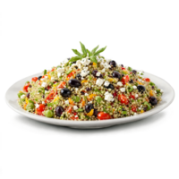 Quinoa Mediterranean salad colorful and briny tossing and mixing with olives and feta cheese flying png