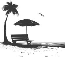 Silhouette bench with umbrella on the beach black color only vector