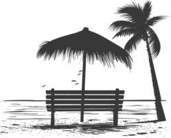 Silhouette bench with umbrella on the beach black color only vector