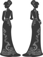 Silhouette independent chinese women wearing Cheongsam or zansae black color only vector