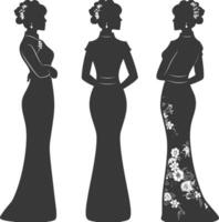 Silhouette independent chinese women wearing Cheongsam or zansae black color only vector