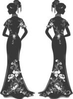 Silhouette independent chinese women wearing Cheongsam or zansae black color only vector