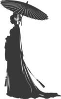 Silhouette independent chinese women wearing hanfu with umbrella black color only vector