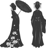 silueta independiente chino mujer vistiendo hanfu con paraguas negro color solamente vector