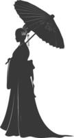 silueta independiente chino mujer vistiendo hanfu con paraguas negro color solamente vector