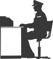 Silhouette postman in action sit in front desk full body black color only vector