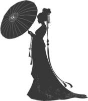 silueta independiente chino mujer vistiendo hanfu con paraguas negro color solamente vector