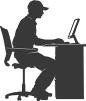 silueta cartero en acción sentar en frente escritorio lleno cuerpo negro color solamente vector