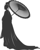 Silhouette independent chinese women wearing hanfu with umbrella black color only vector