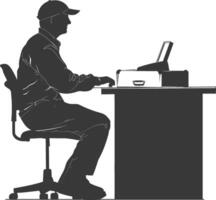 Silhouette postman in action sit in front desk full body black color only vector