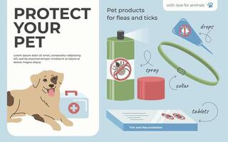Banner with tick and flea protection products for pets. Hand-drawn drops, spray, tablets, and parasite collar. Drawing of a happy dog. Suitable for veterinary clinics, shelters, pet stores, dog shows. vector