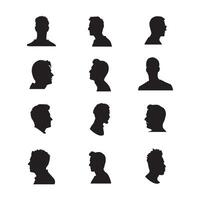Silhouette set of heads of Men, boys face illustration. Caucasian, Black vector