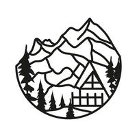 Mountain landscape and tree house line drawing vector