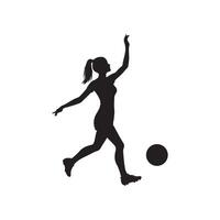 Silhouette of a girl playing football or soccer standing black illustration vector