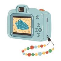 Blue Digital camera device with photo. Photography camera Hand drawn trendy flat style isolated on white. Digital camera. Rear view, back screen, shot of sea life. vector