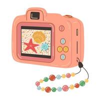 Pink Digital camera device with photo. Photography camera Hand drawn trendy flat style isolated on white. Digital camera. Rear view, back screen, shot of sea life. vector