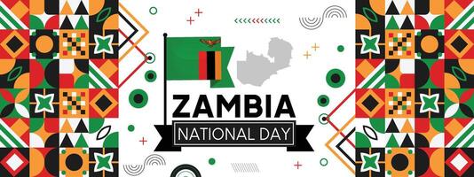 Zambia national day banner for independence day anniversary. Flag of Zambia and modern geometric retro abstract design. Green and black concept vector