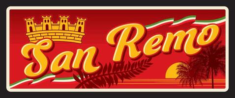 San Remo Italian city, old travel plate sign vector
