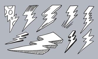 set of hand drawn doodle electric lightning bolt symbol sketch illustrations. thunder symbol doodle icon. vector