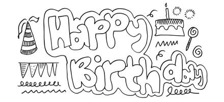 set of hand drawn doodle cartoon objects and symbols on the birthday party. vector