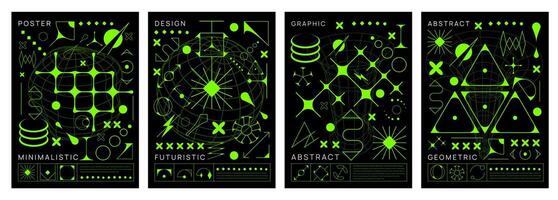 Acid brutal y2k posters, abstract geometric shapes vector