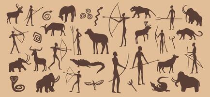 prehistórico Roca dibujo, cueva pintura símbolos vector