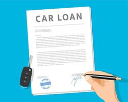Car loan application. Hand signing paper document vector