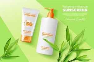 Bamboo leaves and sunscreen cream top view mockup vector