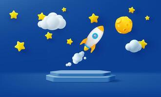 Kids podium with space rocket launch, moon, stars vector