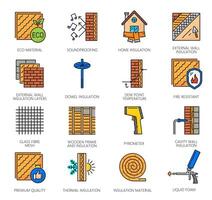 Wall thermal insulation icons, mineral wool, tools vector