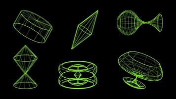 3D wireframe models of objects Network line. Geometric shapes atmosphere future. Retro futuristic design for technological or scientific element. Bright color black background. illustration. vector