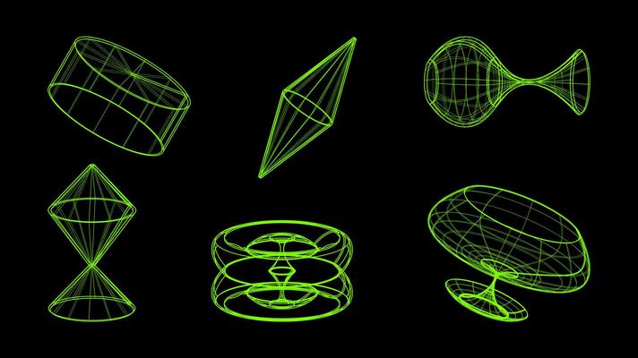 3D wireframe models of objects Network line. Geometric shapes atmosphere future. Retro futuristic design for technological or scientific element. Bright color black background. illustration.