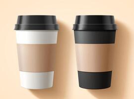 Flat lay of takeaway cup packaging set with blank labels in 3D illustration over beige background vector