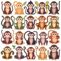 Sitting, jumping, running, hanging, walking, standing fun monkey silhouette. Isolated illustration. vector