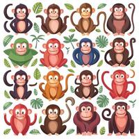 Sitting, jumping, running, hanging, walking, standing fun monkey silhouette. Isolated illustration. vector