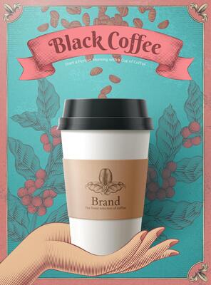 Disposable coffee cup in 3d illustration over coffee beans and leaves engraving design on blue background