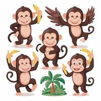 Sitting, jumping, running, hanging, walking, standing fun monkey silhouette. Isolated illustration. vector
