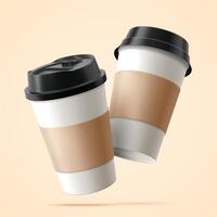 Two paper coffee cups with blank labels in 3D illustration floating over beige background vector