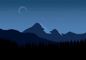 montañas y pino bosque en noche. ilustración en plano estilo. vector