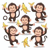 Sitting, jumping, running, hanging, walking, standing fun monkey silhouette. Isolated illustration. vector