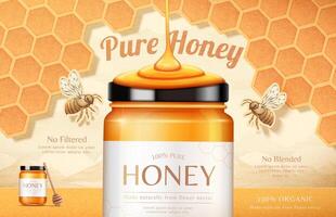 Pure honey jar with honeybees in 3d illustration with honeycomb engraving background vector