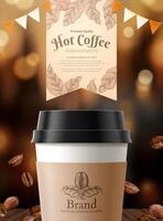 negro café anuncios con resplandeciente bokeh y asado café frijoles elemento en 3d ilustración vector