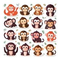 Sitting, jumping, running, hanging, walking, standing fun monkey silhouette. Isolated illustration. vector