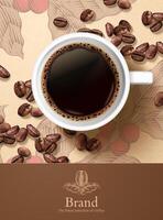 Top view of black coffee and beans on retro styled engraved background vector